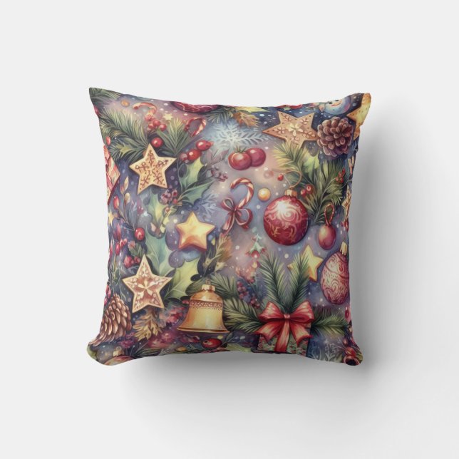 Watercolor Purple Christmas Motifs Holiday Cushion (Front)