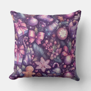 Watercolor Purple Christmas Motifs Holiday Cushion
