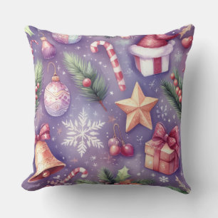 Watercolor Purple Christmas Motifs Holiday Cushion