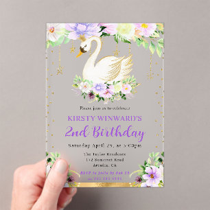 Watercolor Purple & Cream Flowers Swan Birthday Acrylic Invitations