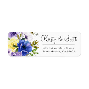 Watercolor Purple & Cream Flowers Wedding Address Return Address Label