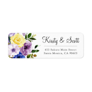 Watercolor Purple & Cream Flowers Wedding Address  Return Address Label