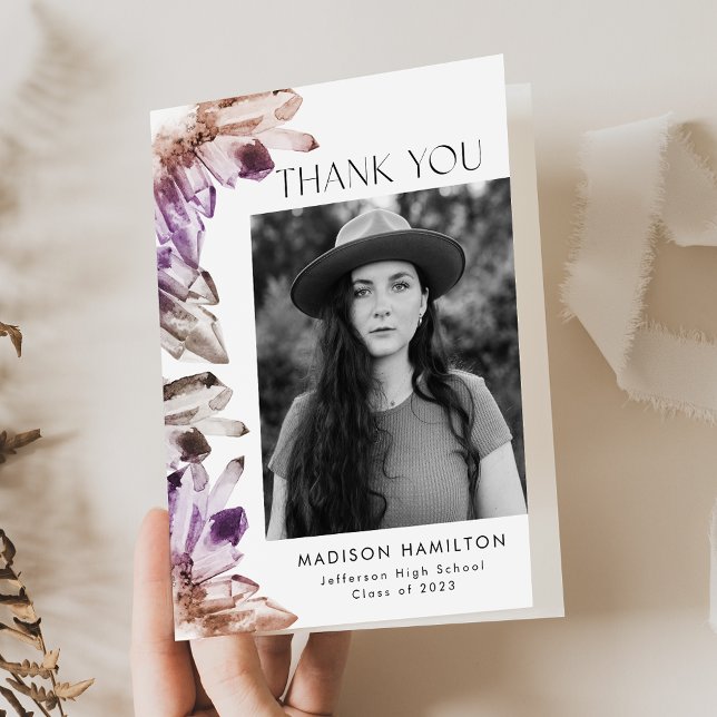 Watercolor Purple Crystals Photo Graduation Thank You Card (Creator Uploaded)