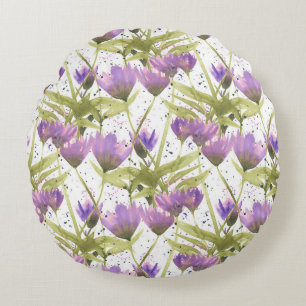 Watercolor Purple Daisies Garden Round Cushion