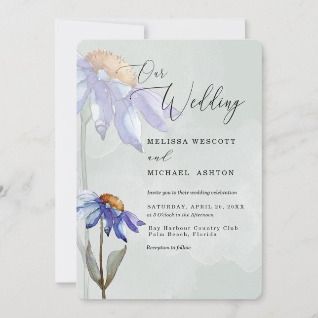Watercolor Purple Daisy Sage Green Rustic Wedding Invitation (Front)