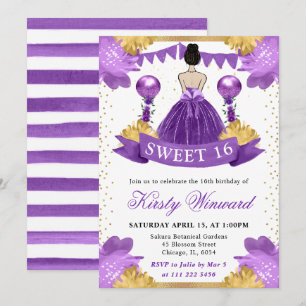 Watercolor Purple Dress Brunette Princess Sweet 16 Invitation