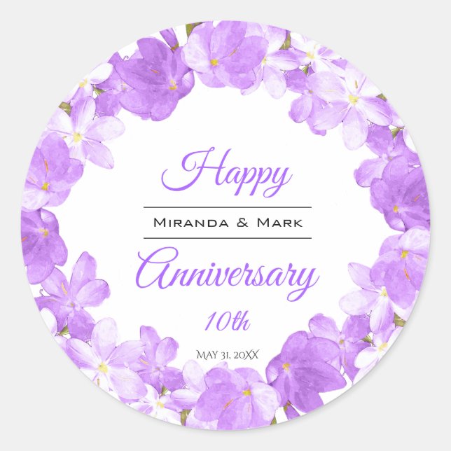 Watercolor Purple Floral Anniversary Wreath Classic Round Sticker (Front)