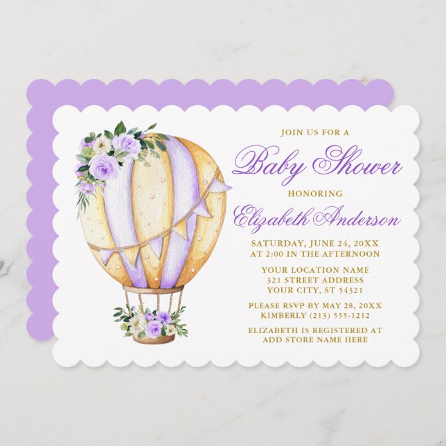 Watercolor Purple Floral Baby Shower Air Balloon Invitation (Front/Back)