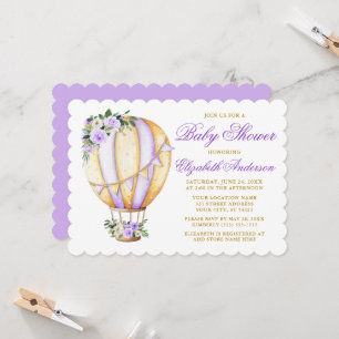 Watercolor Purple Floral Baby Shower Air Balloon Invitation