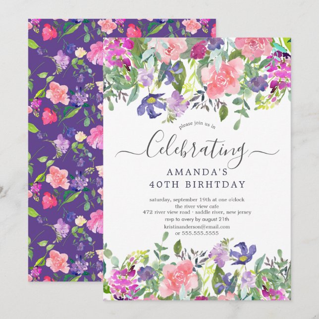 Watercolor Purple Floral Birthday Party Invitation (Front/Back)