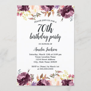 Watercolor Purple Floral Bloom 70th Birthday Party Invitation