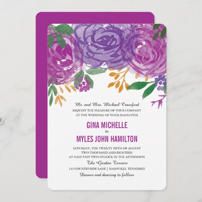Watercolor Purple Floral Botanical Wedding Invitation (Front/Back)