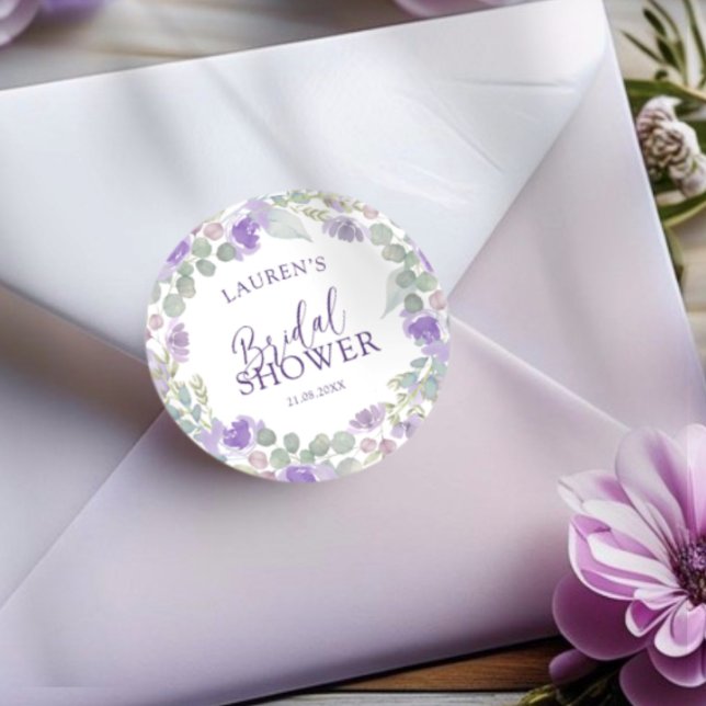 Watercolor Purple Floral Bridal Shower Classic Round Sticker (Creator Uploaded)