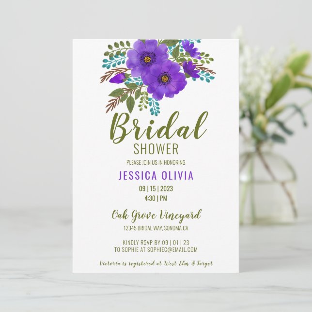 Watercolor Purple Floral Bridal Shower Invitation (Standing Front)
