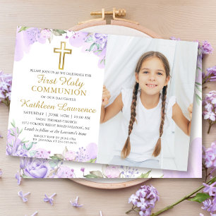 Watercolor Purple Floral First Communion Photo Invitation