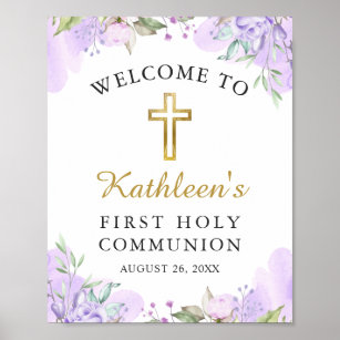 Watercolor Purple Floral First Communion Welcome Poster