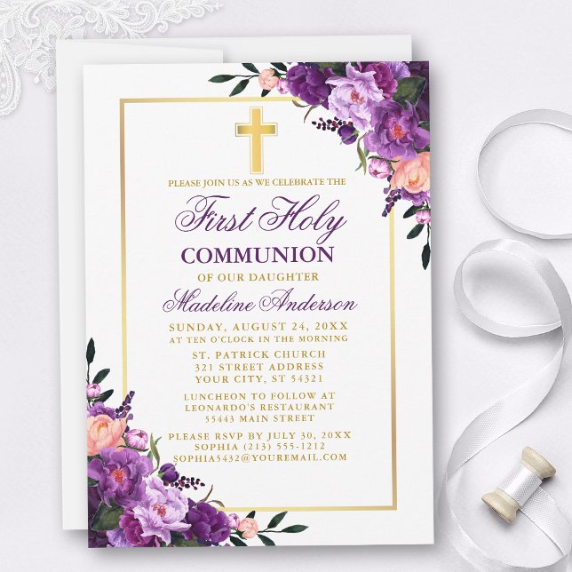 Watercolor Purple Floral Gold First Communion Invitation (Customize to change text color, style, size or to add text to back of card.)