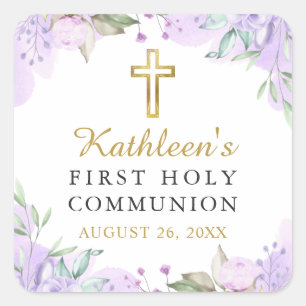 Watercolor Purple Floral Gold First Holy Communion Square Sticker
