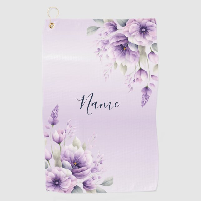 Watercolor Purple Floral Golf Towel (Front)