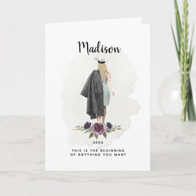 Watercolor Purple Floral Graduation Blond Girl Card (Front)