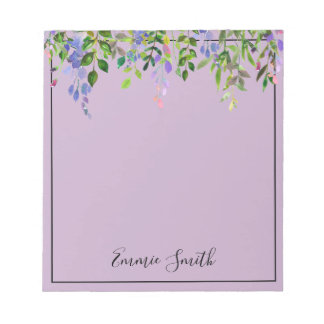 Watercolor Purple Floral Green Leaves Personalised Notepad