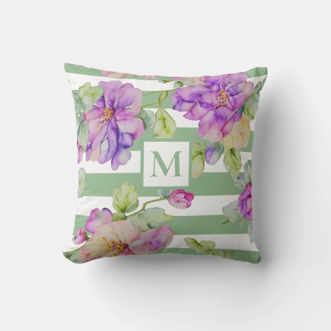  Watercolor purple floral green white strips Cushion (Front)