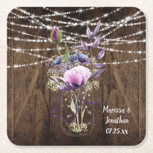 Watercolor Purple Floral Mason Jar String Lights Square Paper Coaster