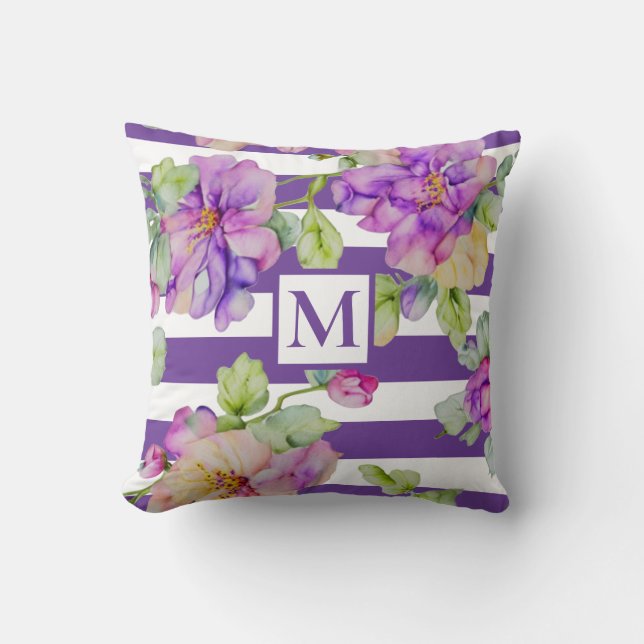 Watercolor purple floral purple white strips cushion (Front)
