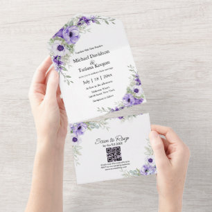 watercolor purple floral qr code rsvp wedding chic all in one invitation