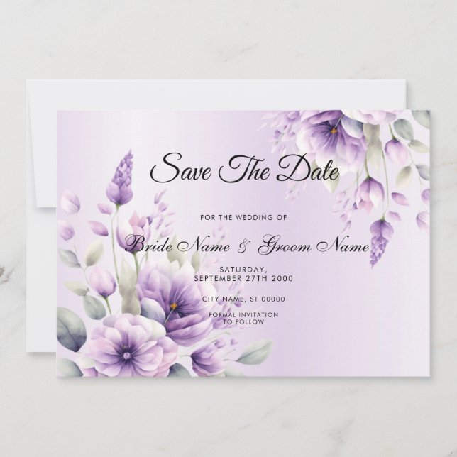 Watercolor Purple Floral Save The Date (Front)