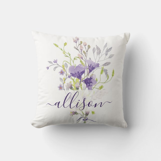 Watercolor purple floral spray personalised cushion (Front)