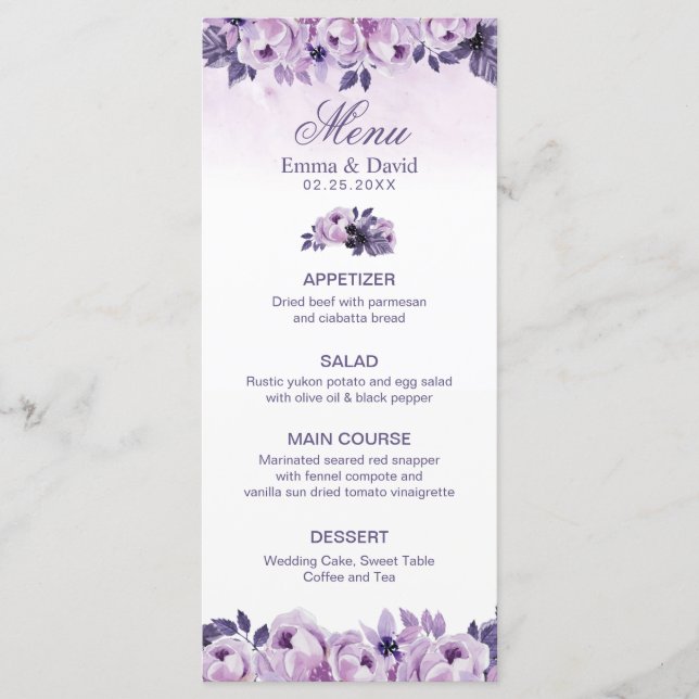 Watercolor Purple Floral Spring Wedding Menu (Front)