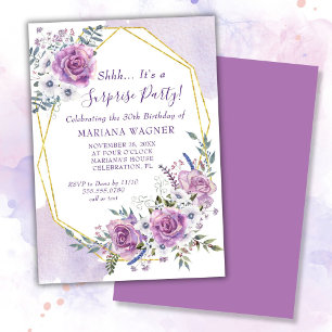 Watercolor Purple Floral Surprise Birthday Party Invitation