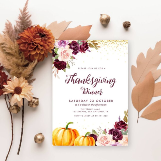 Watercolor purple floral thanksgiving dinner invitation (Creator Uploaded)