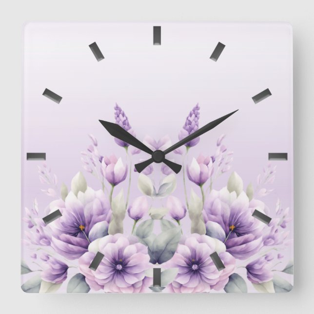 Watercolor Purple Floral Wall Clock (Front)