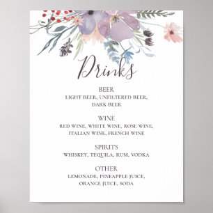 Watercolor purple floral wedding alcohol drinks poster