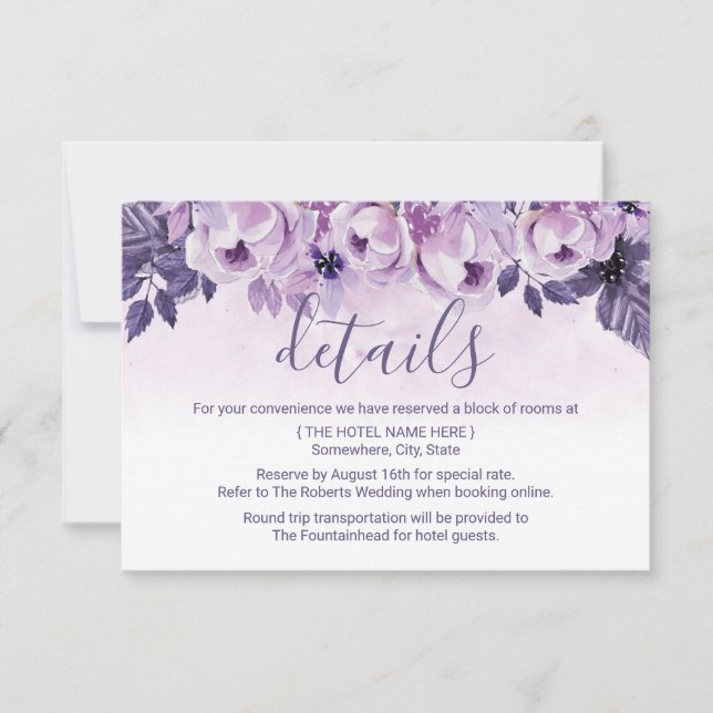 Watercolor Purple Floral Wedding Details Invitation (Front)