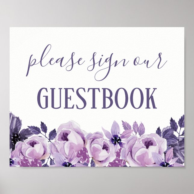 Watercolor Purple Floral Wedding Guestbook Sign (Front)