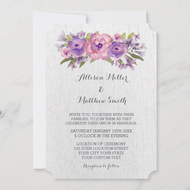 Watercolor Purple Floral Wedding Invitations (Back)