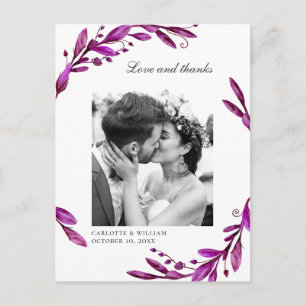 Watercolor purple floral wedding photo thank you postcard