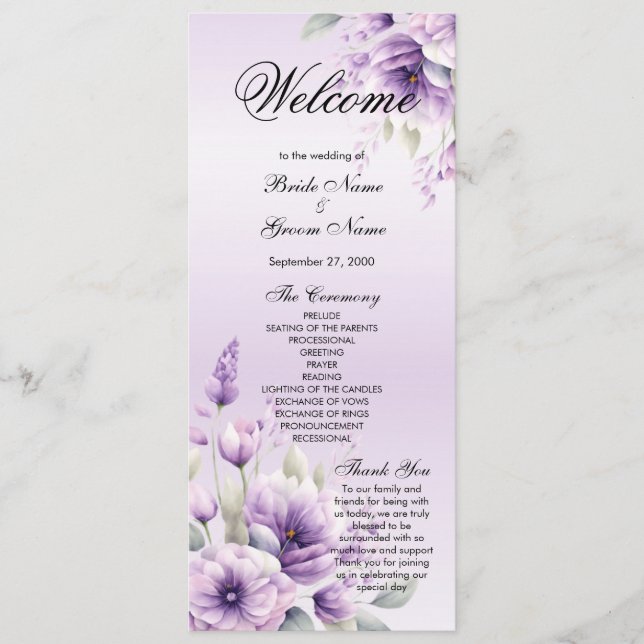 Watercolor Purple Floral Wedding Program (Front)