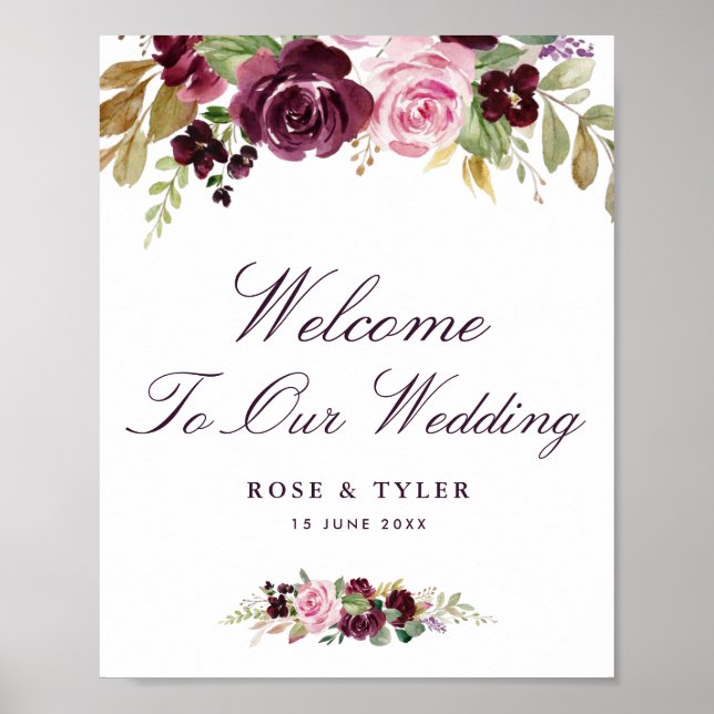 watercolor purple floral wedding welcome sign (Front)