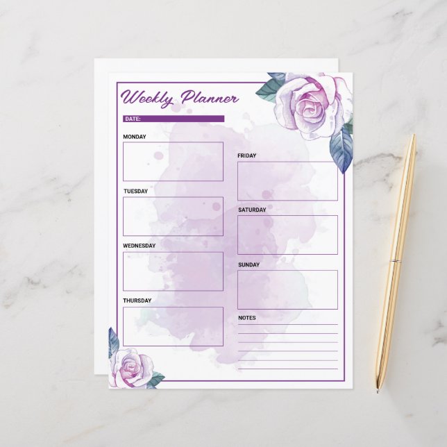 Watercolor Purple Floral Weekly Planner (Front/Back In Situ)