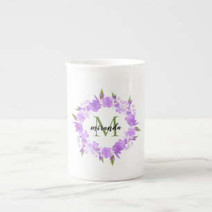 Watercolor Purple Floral Wreath Name Monogram Bone China Mug