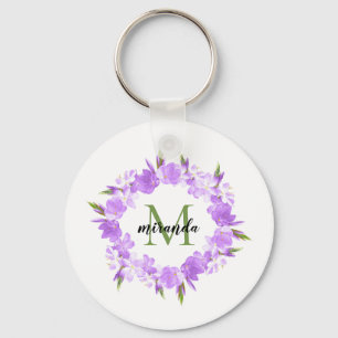Watercolor Purple Floral Wreath Name Monogram Key Ring