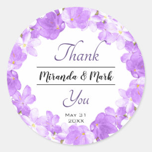 Watercolor Purple Floral Wreath Wedding Thank You Classic Round Sticker