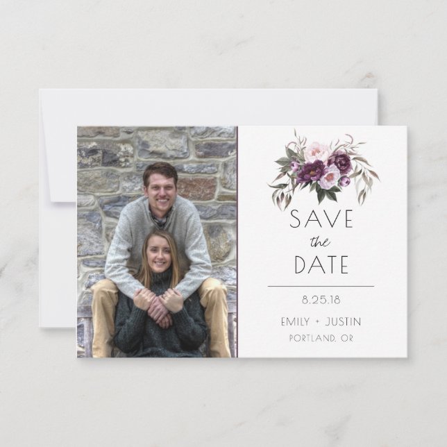 Watercolor Purple Florals Photo Save The Date | (Front)