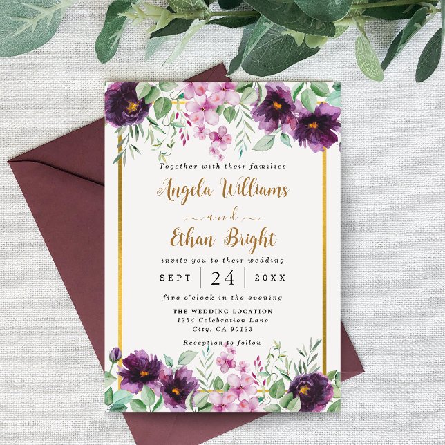 Watercolor Purple Florals Wedding Invitation  (Creator Uploaded)