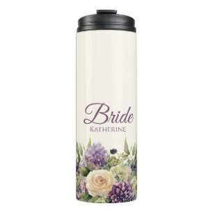 Watercolor Purple Flower Bouquet-Bride- Thermal Tumbler