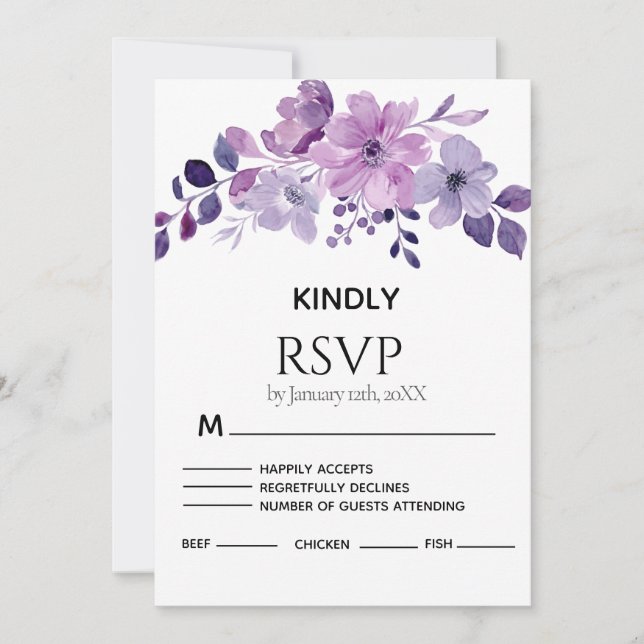 Watercolor purple flower bouquet RSVP card (Front)